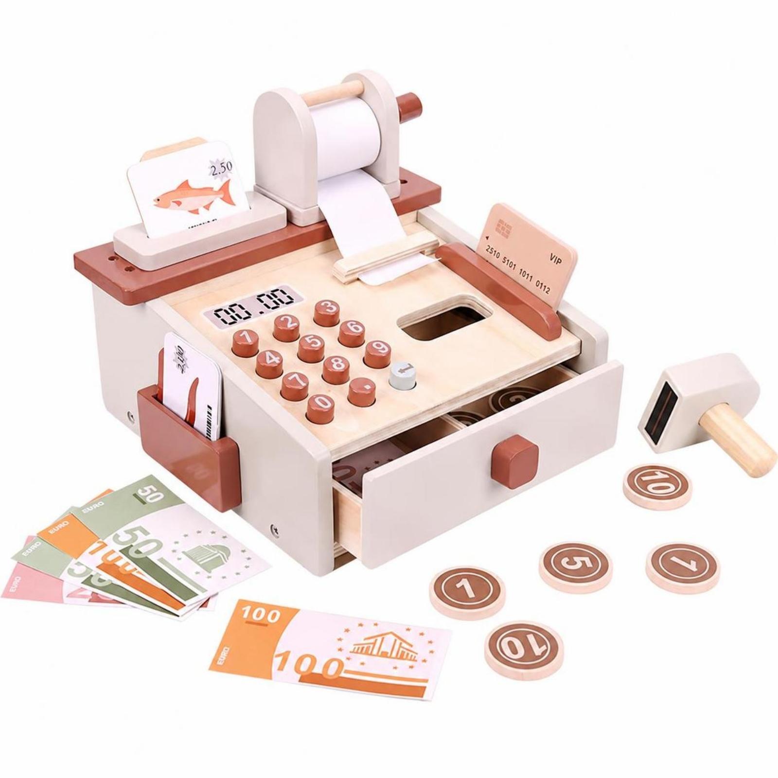 Toy Cash Register - 나무 재질의 어린이용 계산대 장난감 세트.